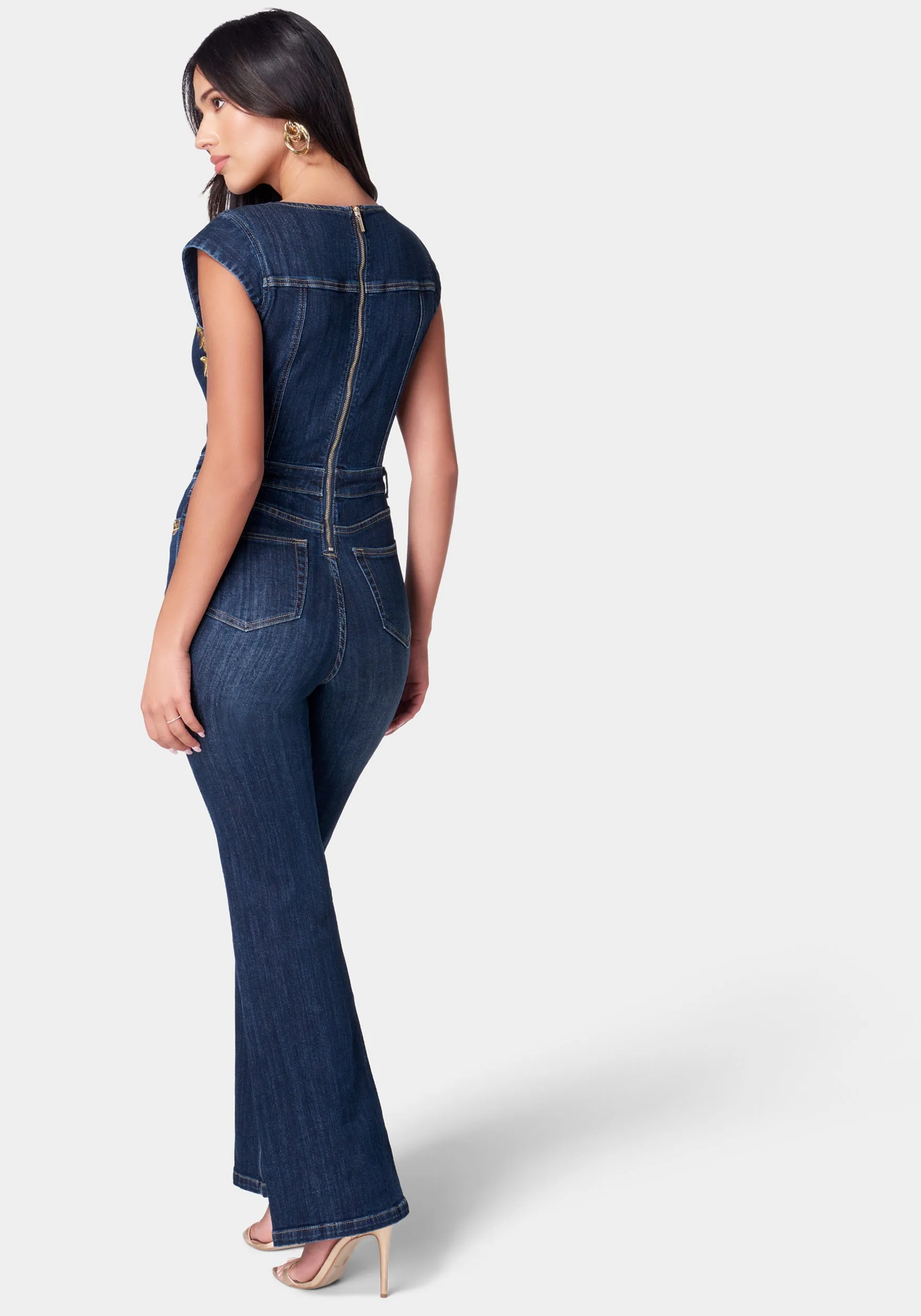 Embroidery Detail Sleeveless Flared Denim Jumpsuit sold by Bebe product image thumbnail 4