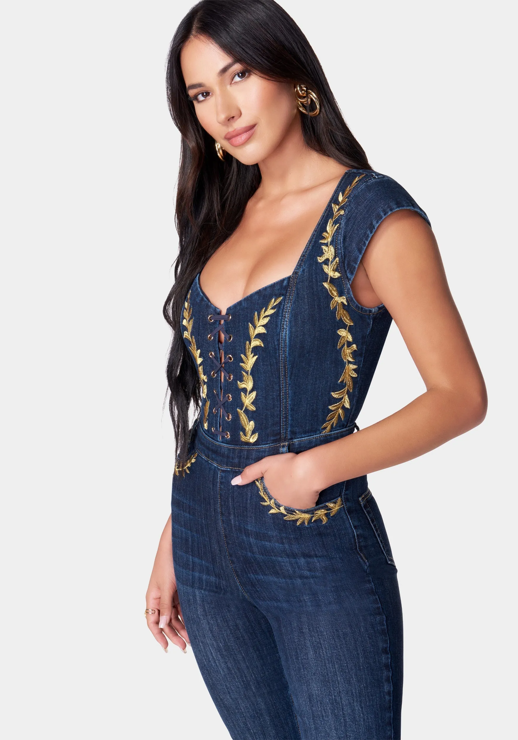 Embroidery Detail Sleeveless Flared Denim Jumpsuit sold by Bebe product image thumbnail 5