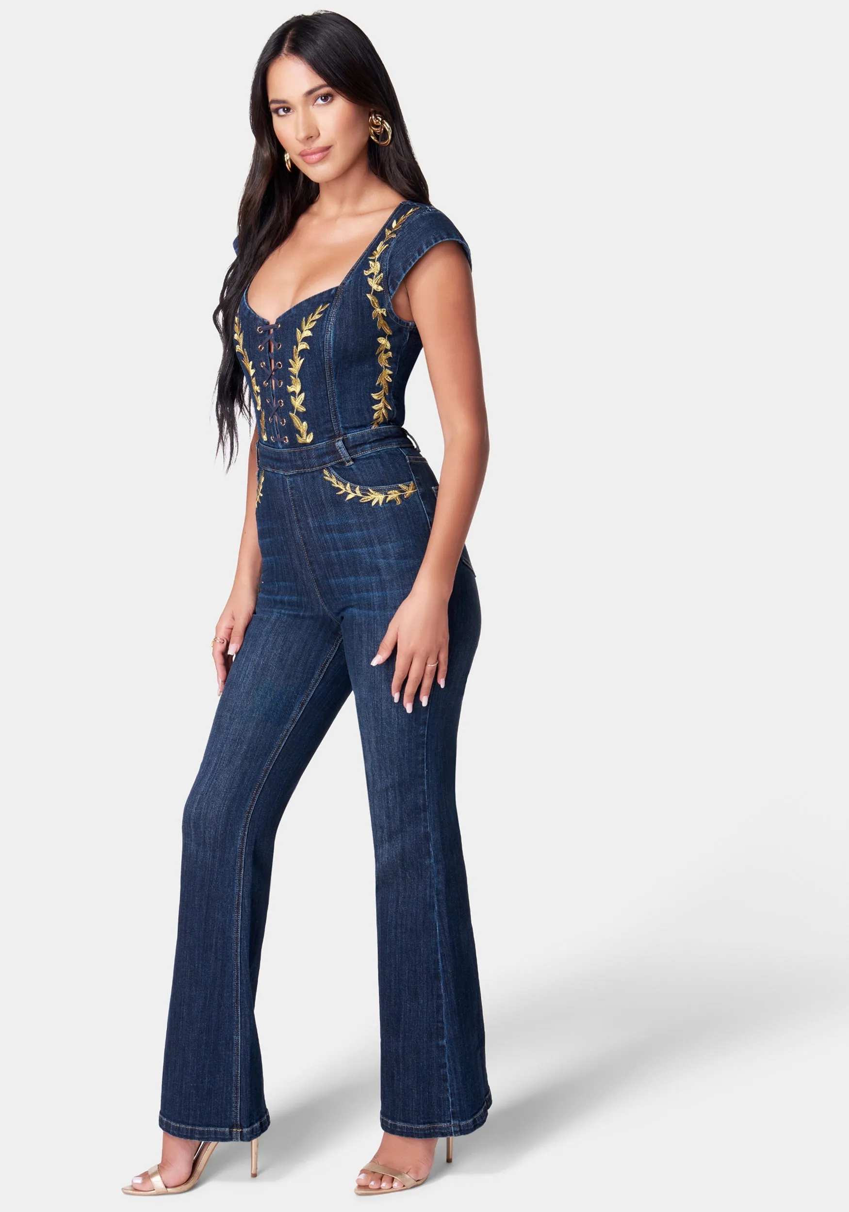 Embroidery Detail Sleeveless Flared Denim Jumpsuit sold by Bebe product image thumbnail 3
