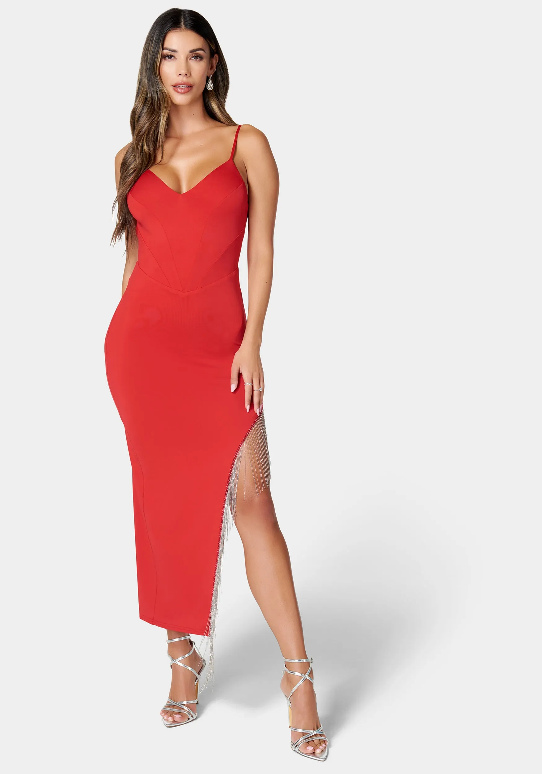 Fringe Detail High Slit Dress sold by Bebe