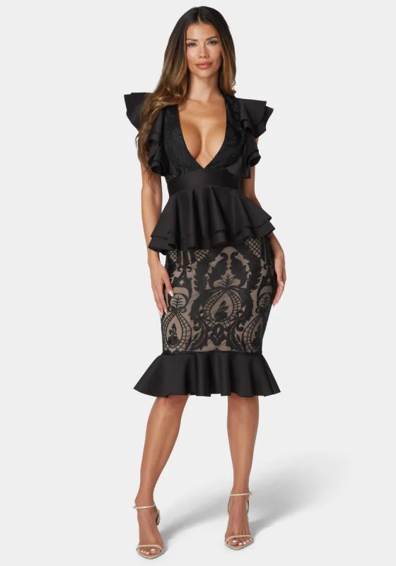 Lace Ruffle Peplum Pencil Dress sold by Bebe