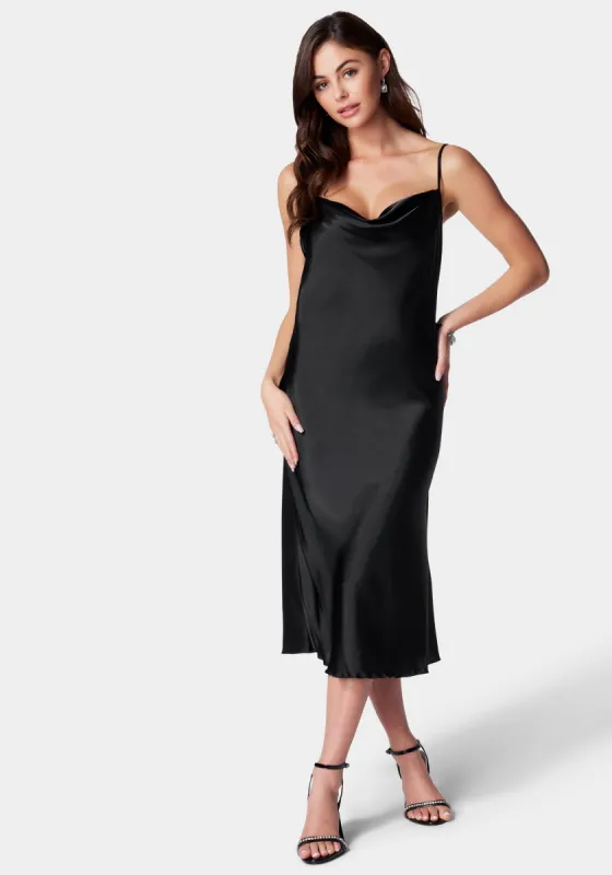 Satin Cowl Neck Slip Midi Dress sold by Bebe