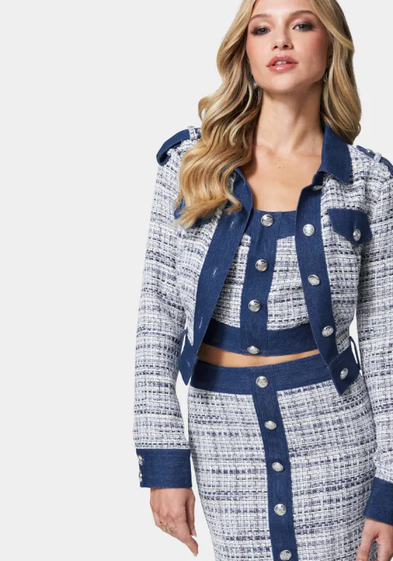 Tweed & Denim Combo Tailored Jacket sold by Bebe