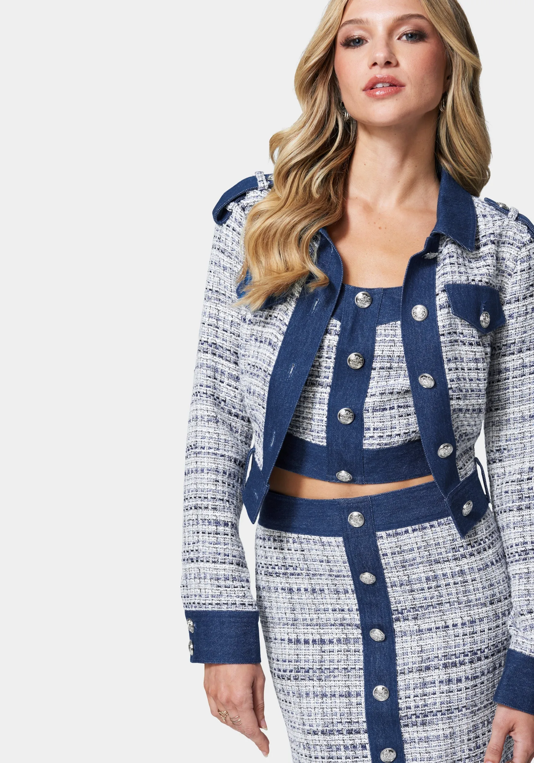 Tweed & Denim Combo Tailored Jacket sold by Bebe