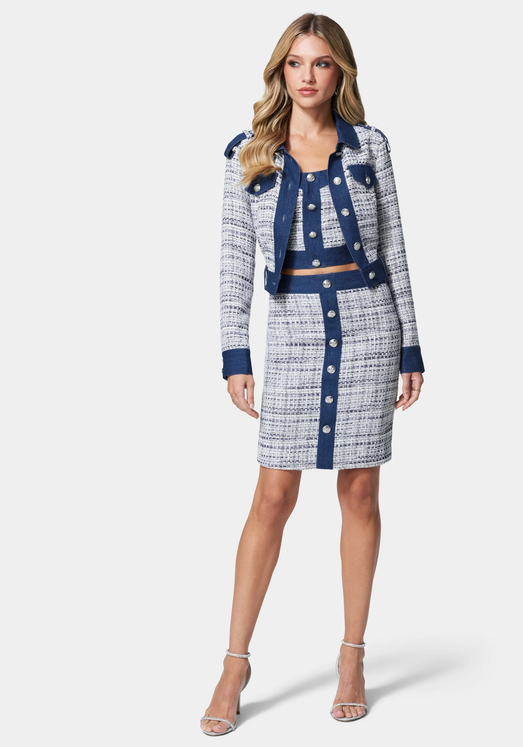 Tweed & Denim Combo Tailored Jacket sold by Bebe product image thumbnail 2