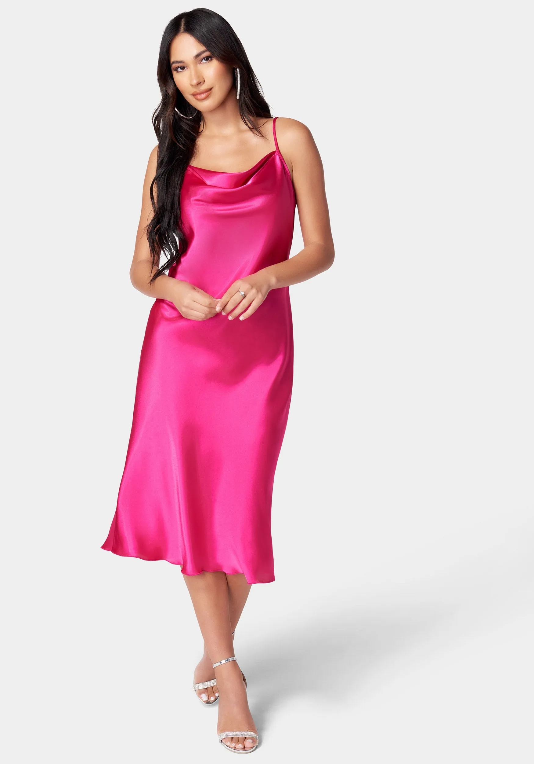 Satin Cowl Neck Slip Midi Dress sold by Bebe