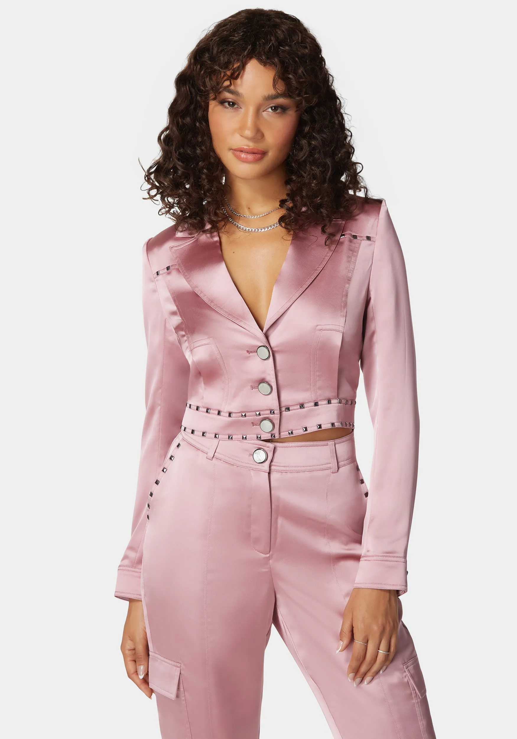 Stud Detail Tailored Satin Blazer sold by Bebe