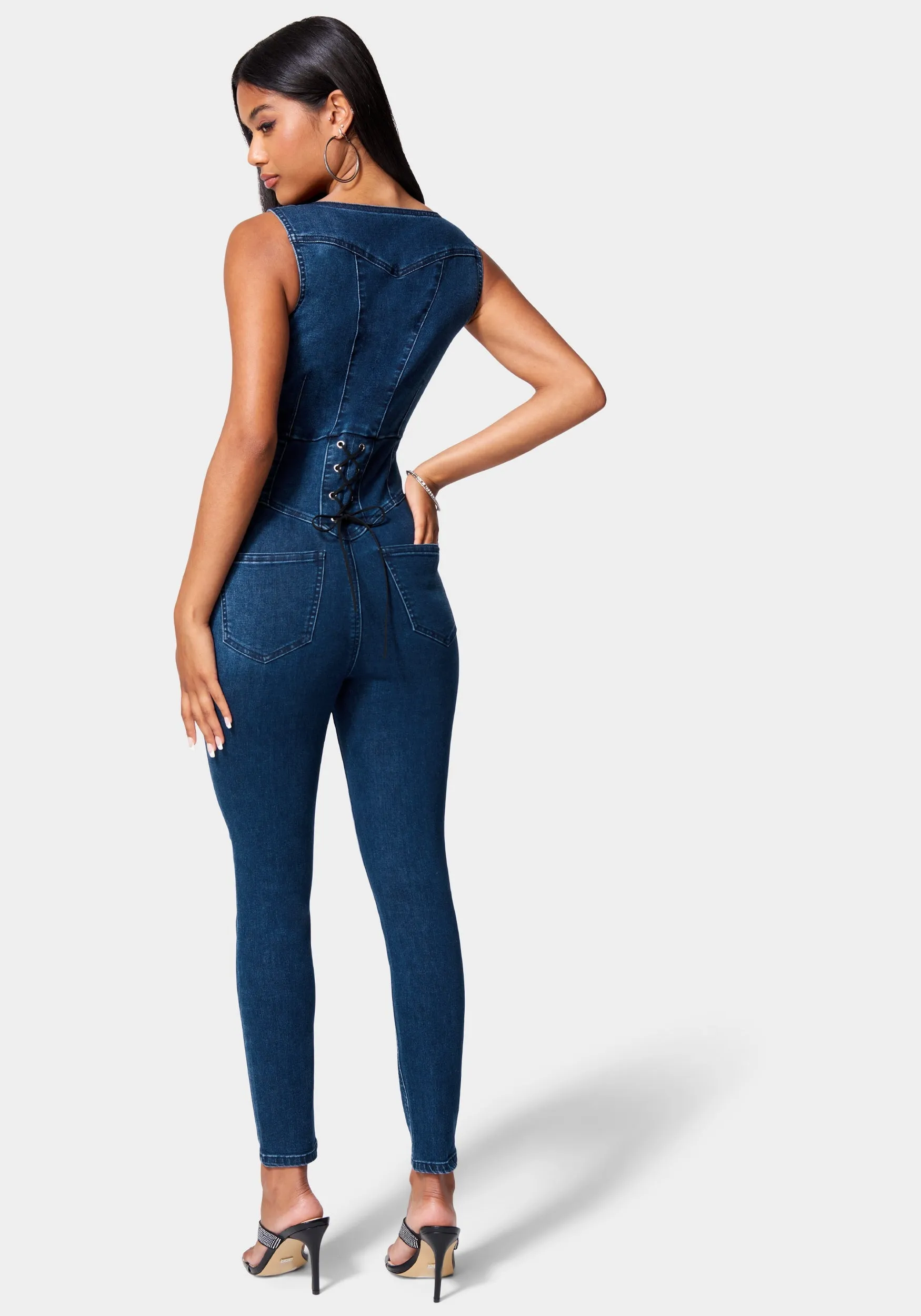 Skinny Leg Front Zip Denim Jumpsuit sold by Bebe product image thumbnail 3