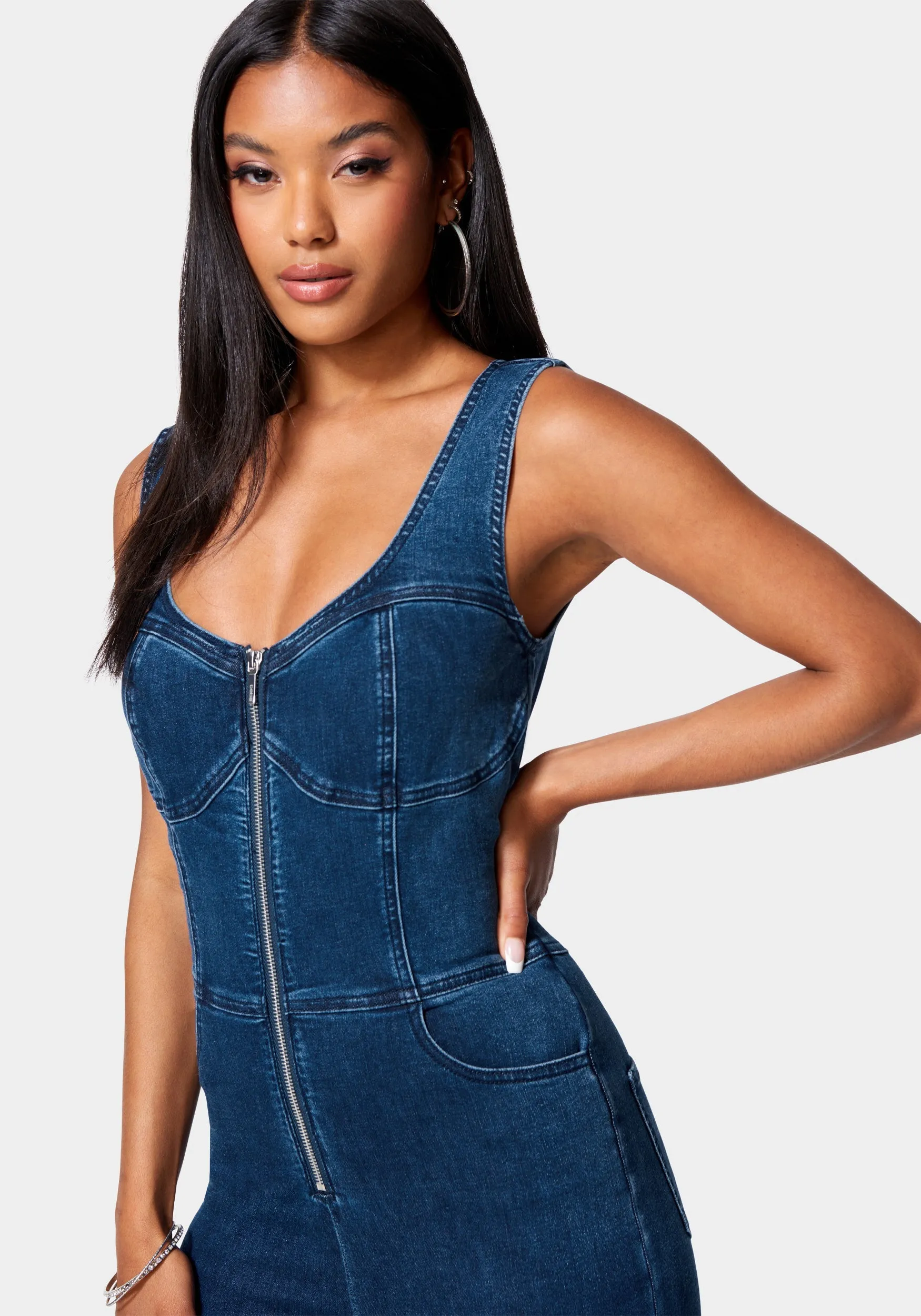 Skinny Leg Front Zip Denim Jumpsuit sold by Bebe