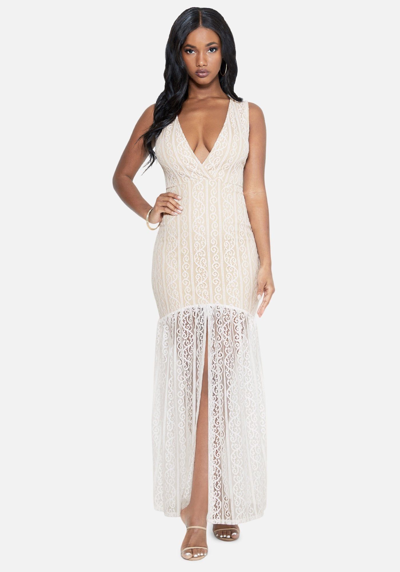 L/S Hi Low Lace Maxi Dress sold by Bebe