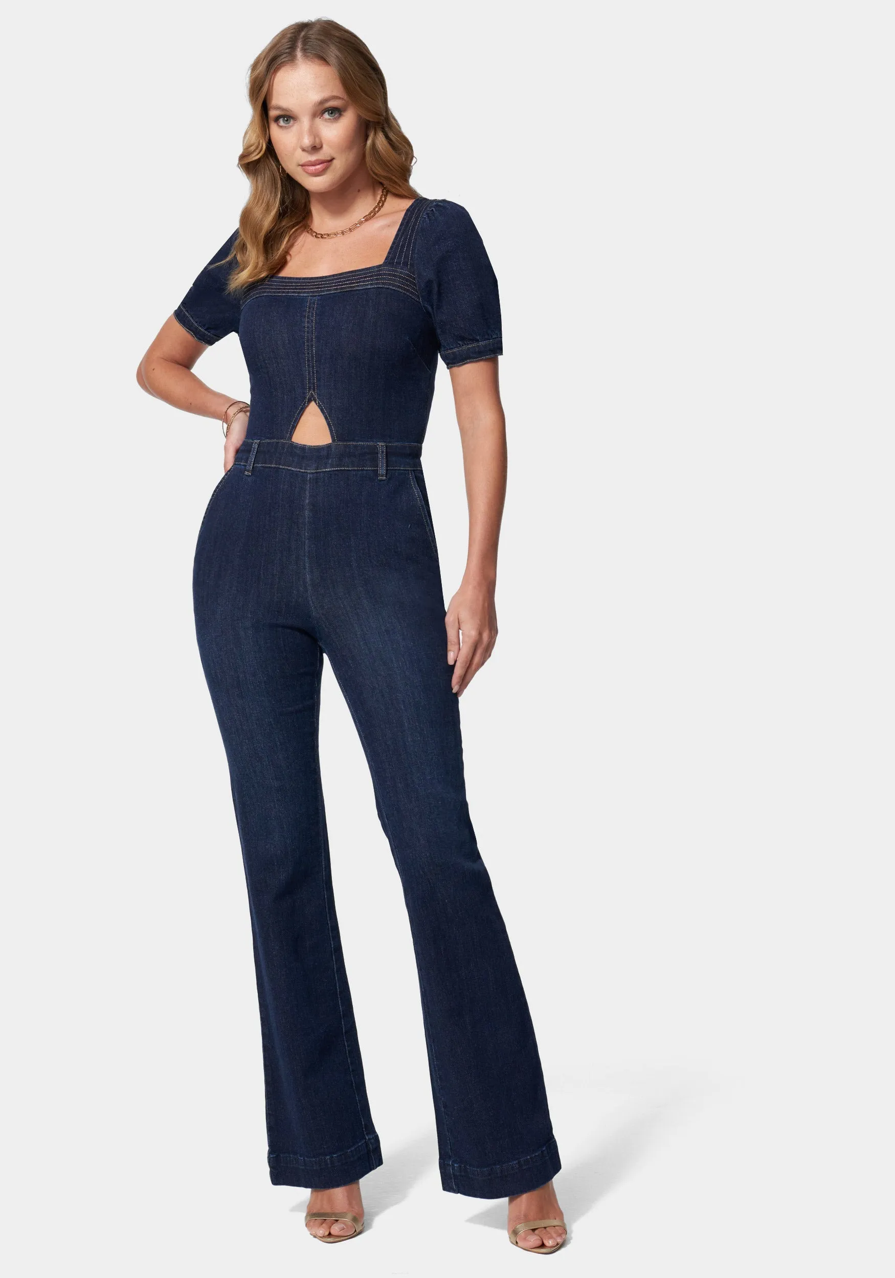 Denim Cut Out Detail Wide Leg Jumpsuit sold by Bebe