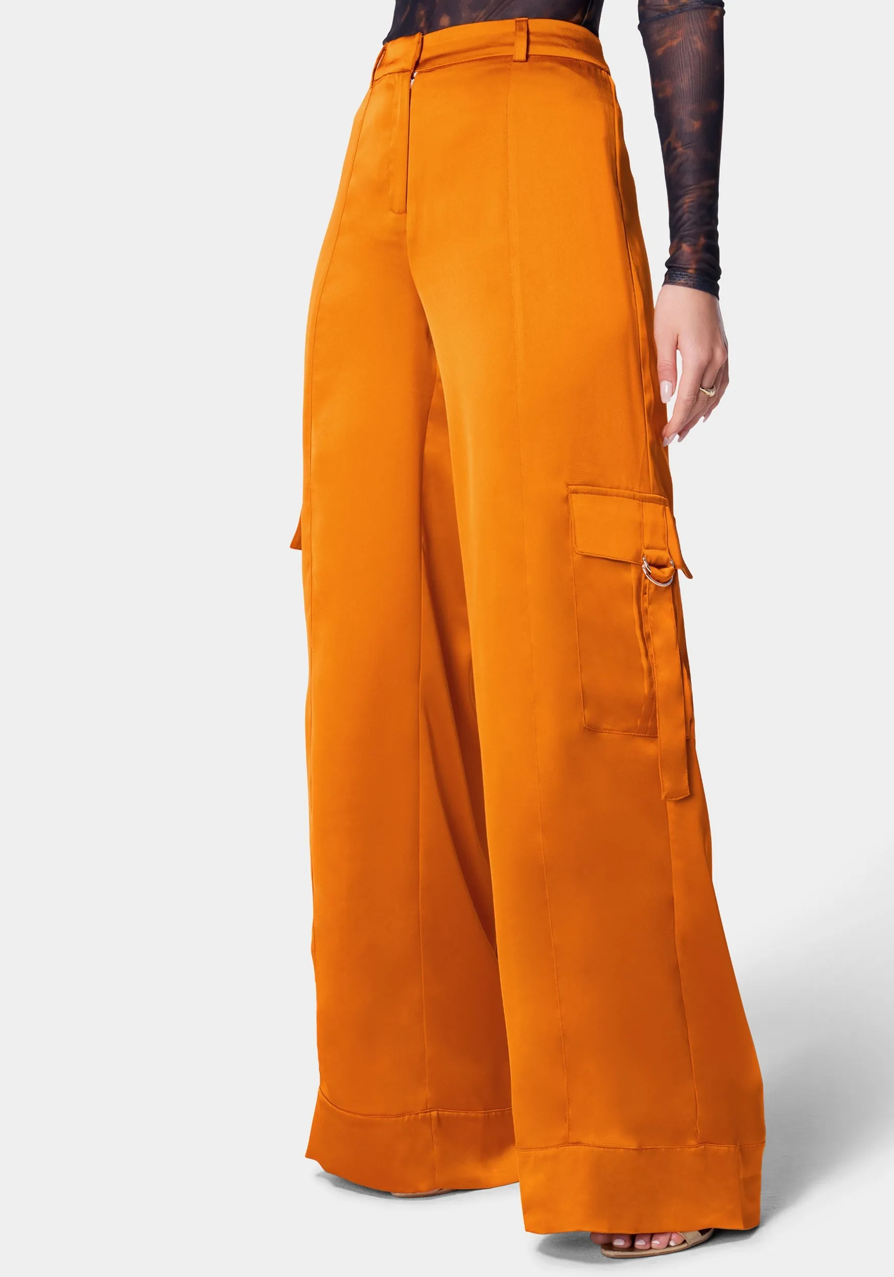 Wide Leg Cargo Pocket Satin Pant sold by Bebe