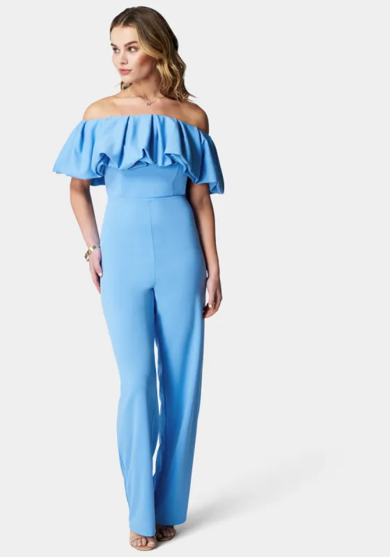 Off Shoulder Ruffle Jumpsuit sold by Bebe
