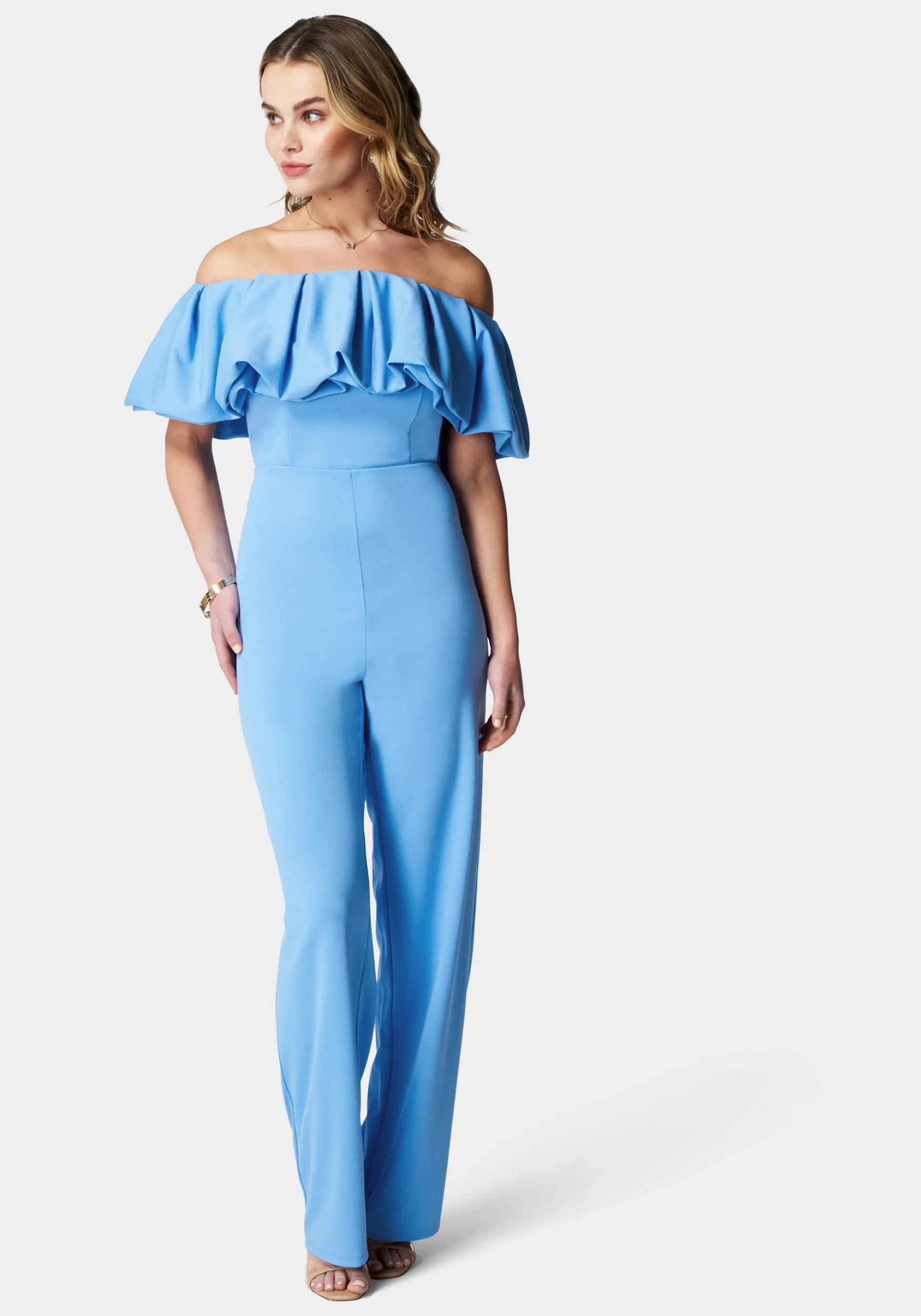 Off Shoulder Ruffle Jumpsuit sold by Bebe