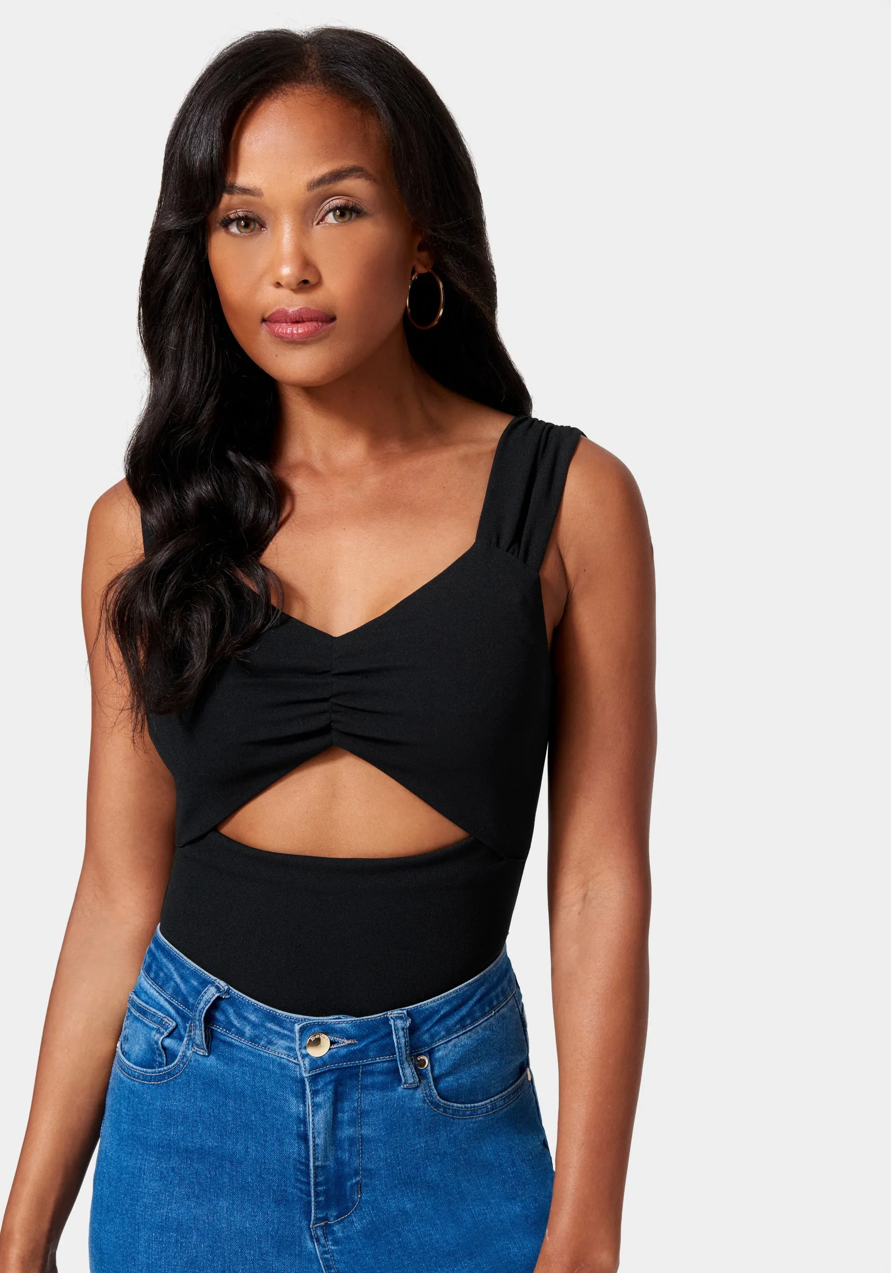 Ruched Sleeve Cutout Detail Top sold by Bebe