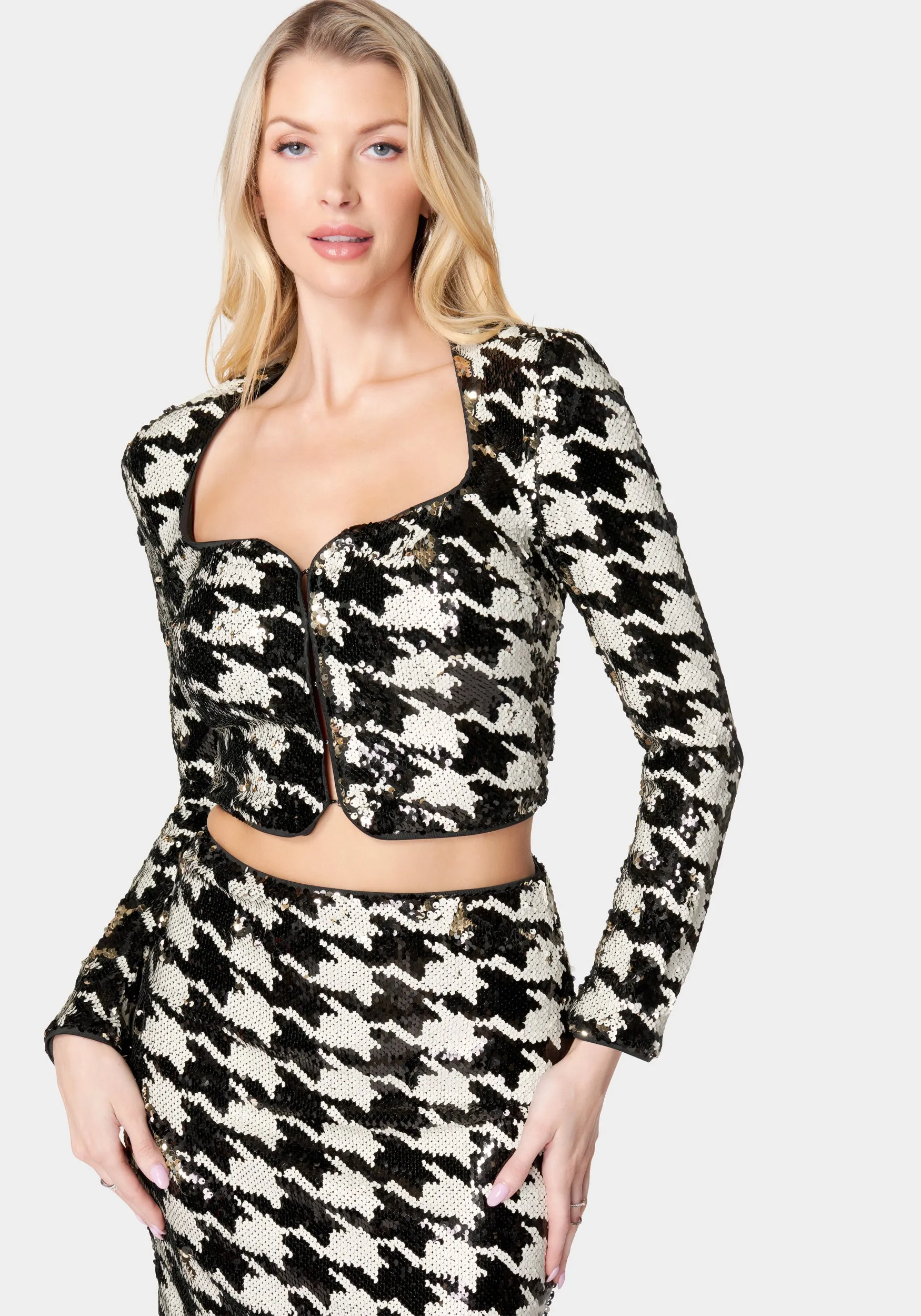 Sequin Houndstooth Notch Front Jacket sold by Bebe