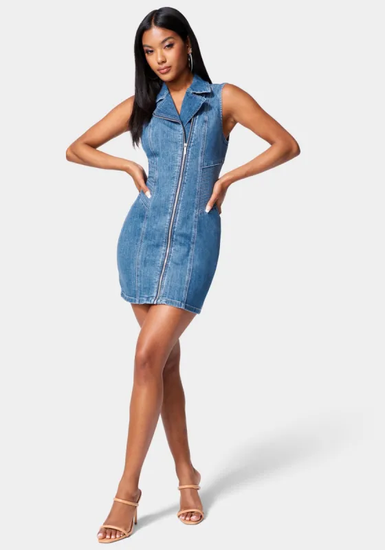 Multi Stitch Asymmetrical Zipper Denim Dress sold by Bebe