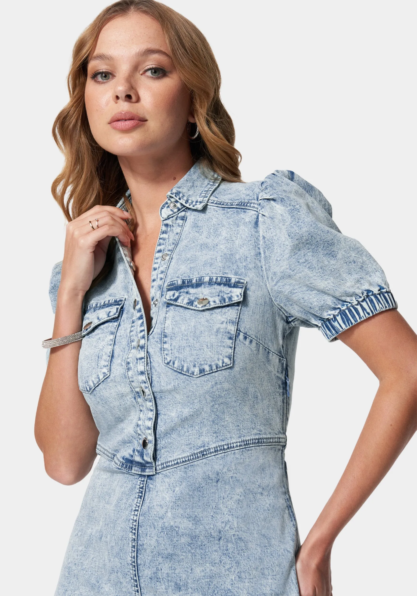 Denim Button Down Puff Sleeve Dress sold by Bebe product image thumbnail 4