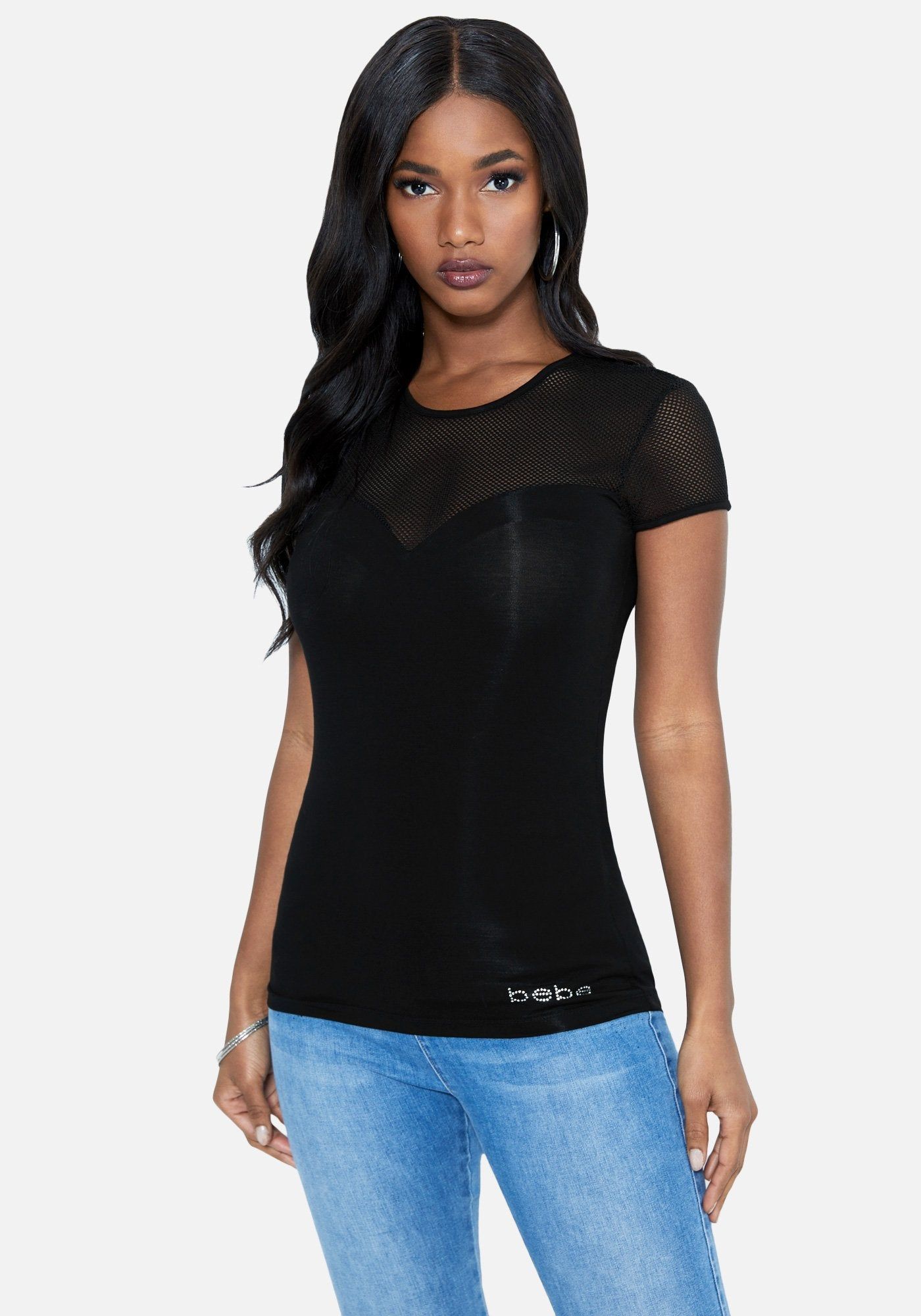 Bebe Logo Short Sleeve Mesh Top sold by Bebe