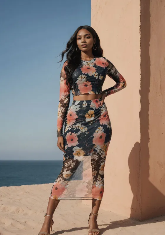 Mesh Printed Two Piece Long Sleeve Set sold by Bebe