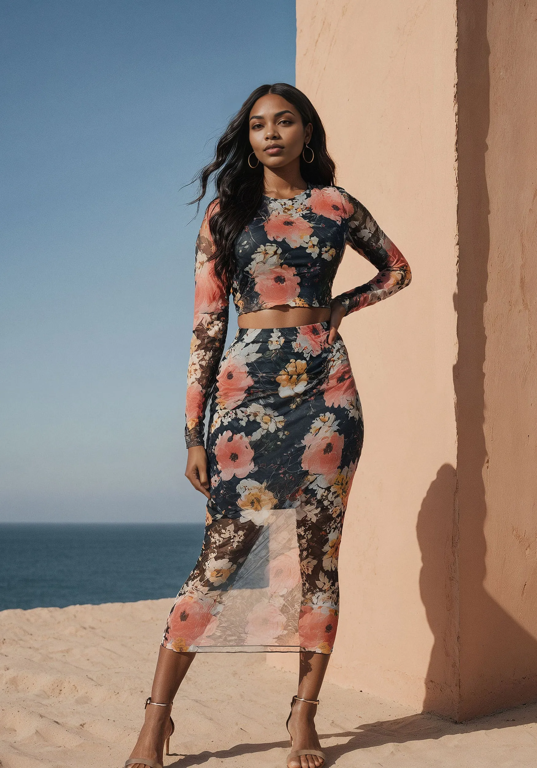 Mesh Printed Two Piece Long Sleeve Set sold by Bebe