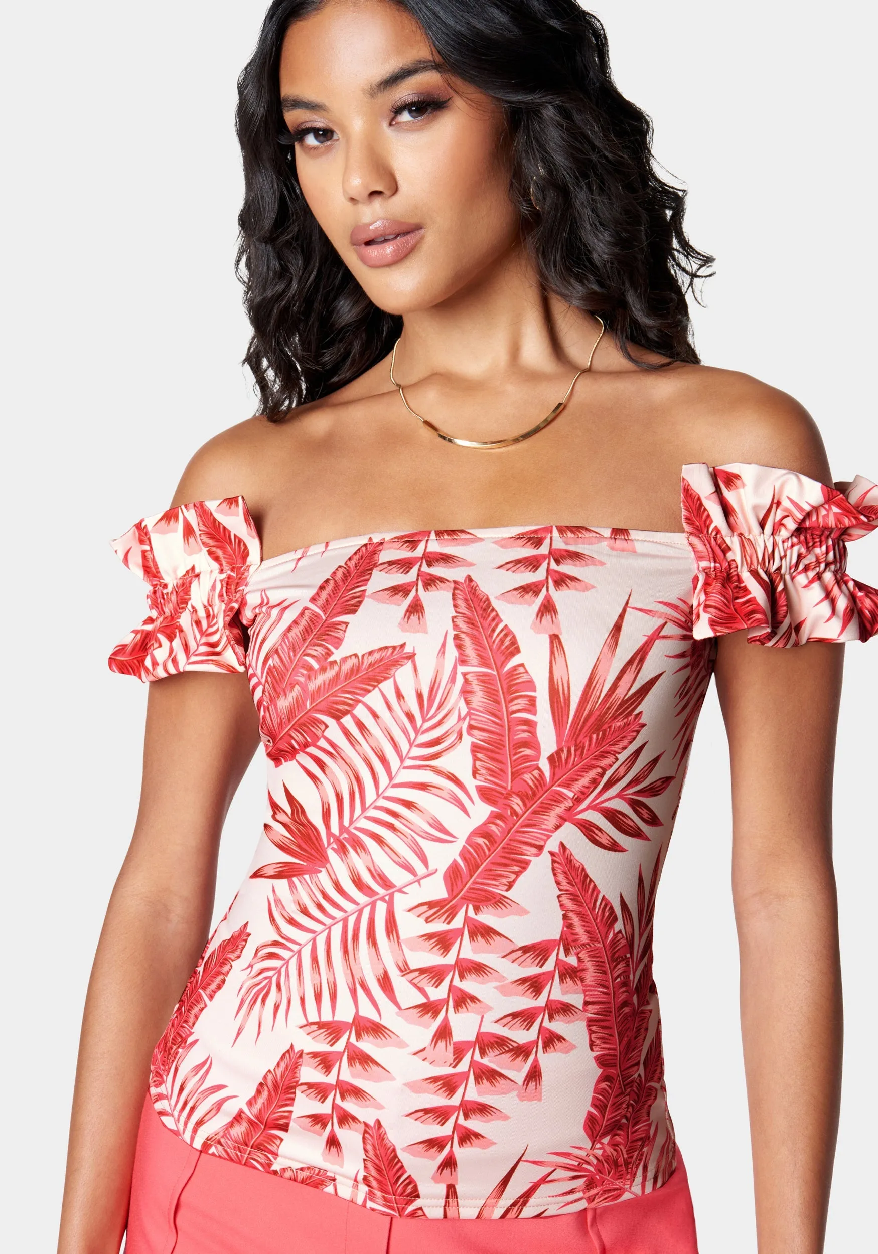 Off Shoulder Ruffle Printed Knit Top sold by Bebe product image thumbnail 4