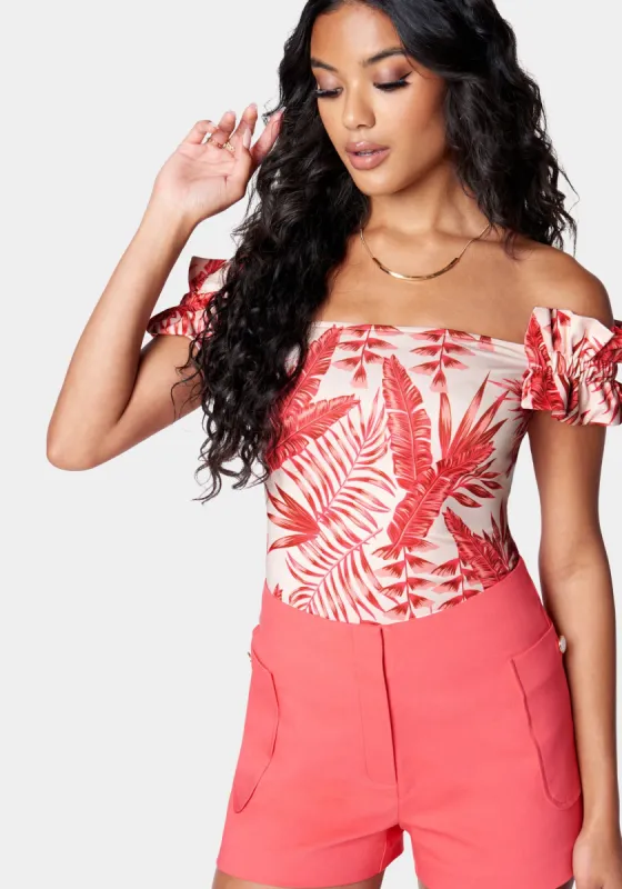 Off Shoulder Ruffle Printed Knit Top sold by Bebe