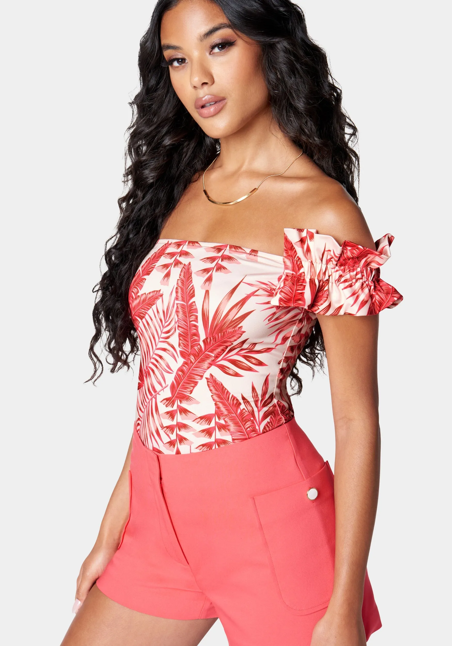 Off Shoulder Ruffle Printed Knit Top sold by Bebe product image thumbnail 2