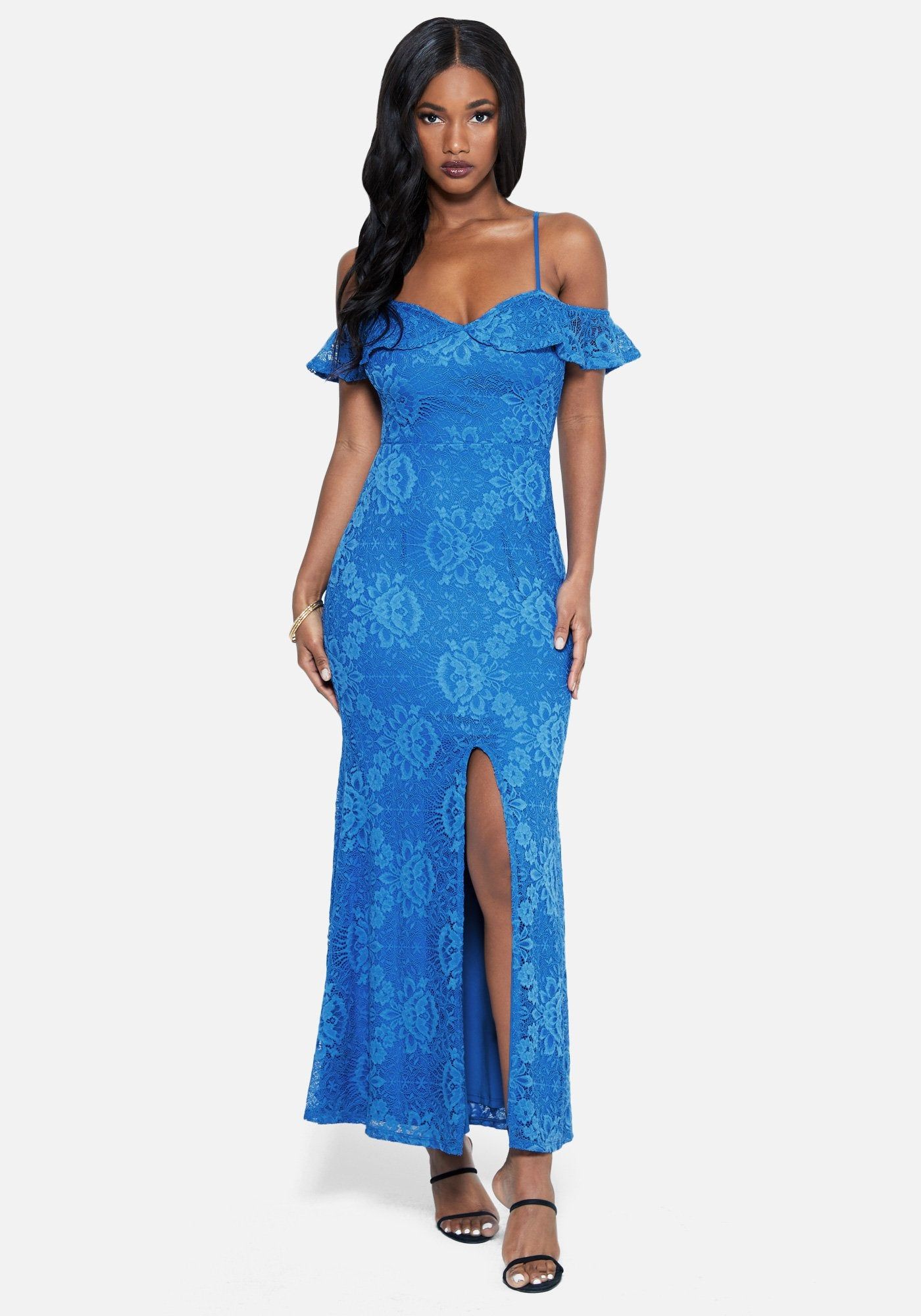 Off The Shoulder Lace Slit Gown sold by Bebe