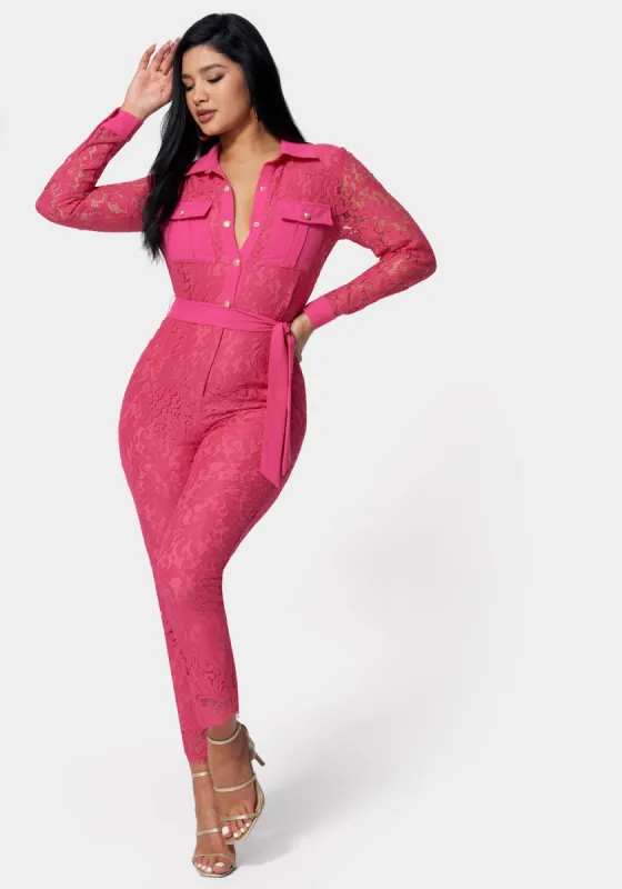 Lace Combo Belted Jumpsuit sold by Bebe