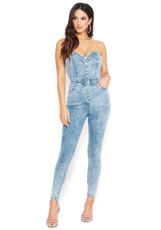 Denim Sweetheart Jumpsuit sold by Bebe