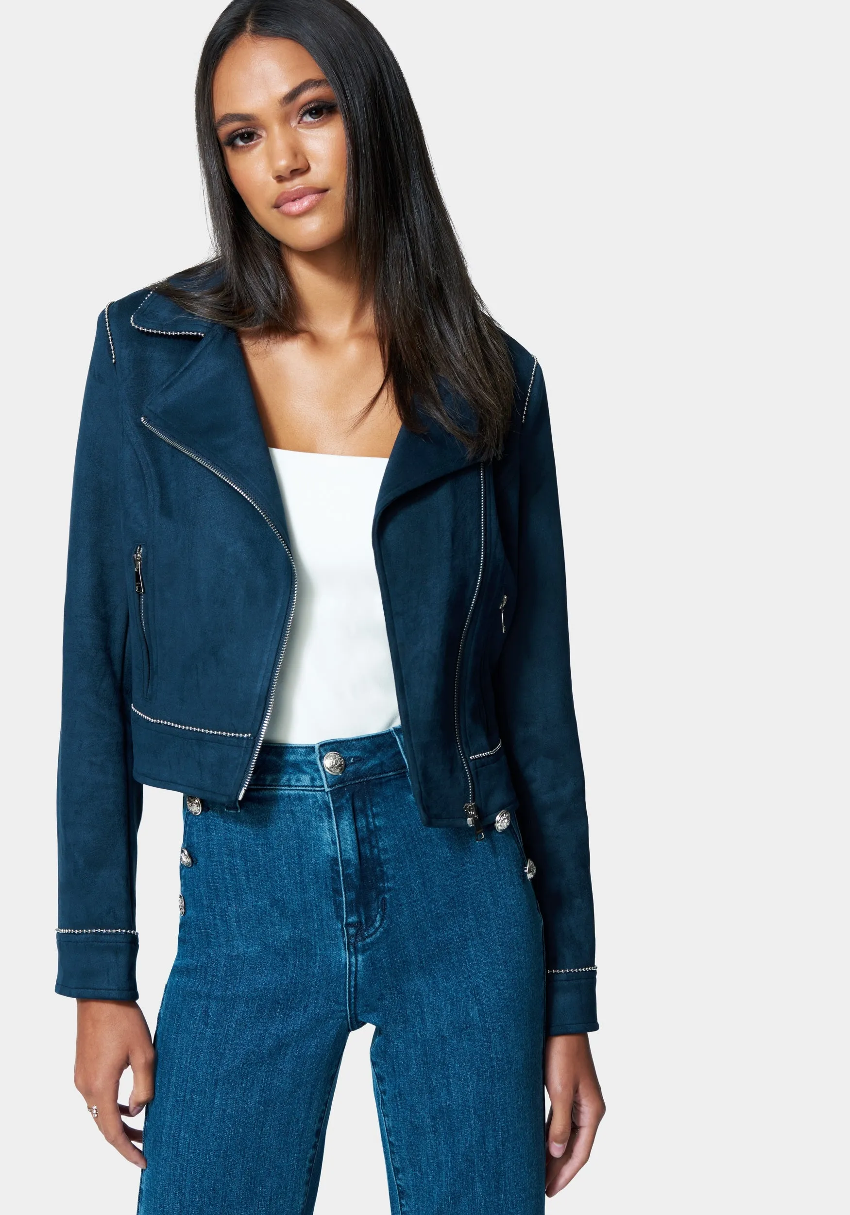 Vegan Suede Trim Detail Moto Jacket sold by Bebe
