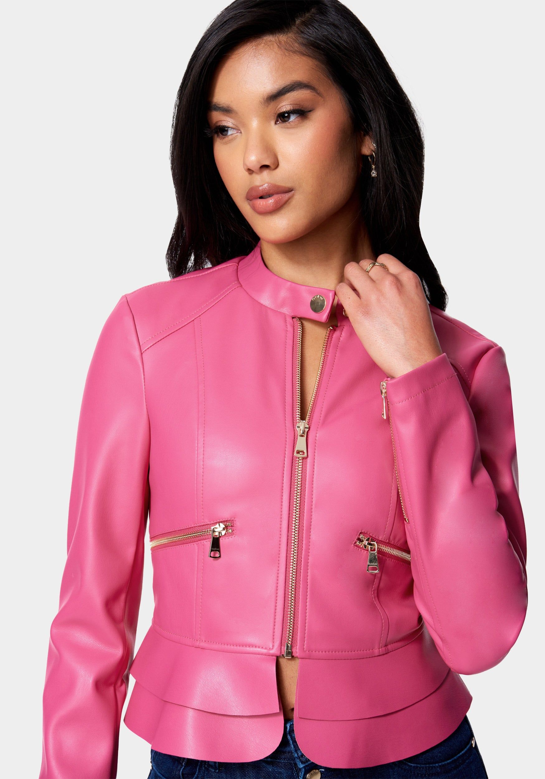 Vegan Leather Zip Front Ruffle Hem Jacket sold by Bebe product image thumbnail 4