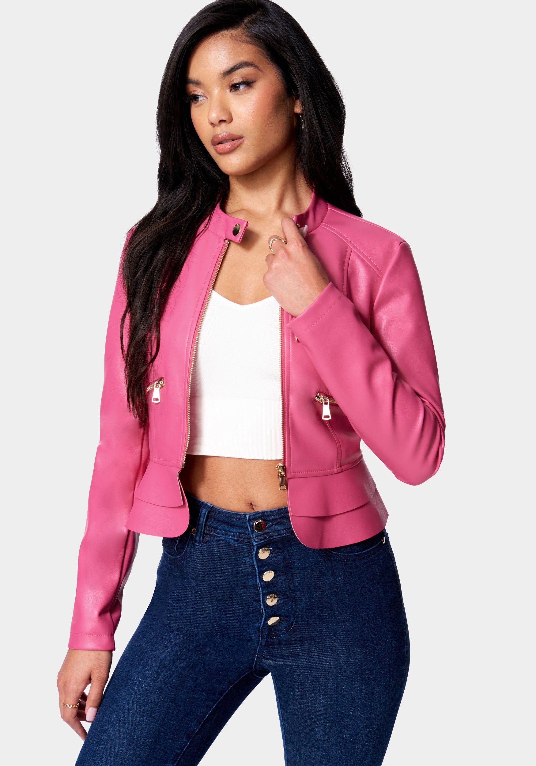 Vegan Leather Zip Front Ruffle Hem Jacket sold by Bebe