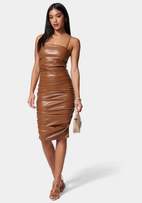 Ruched Midi Vegan Leather Dress sold by Bebe