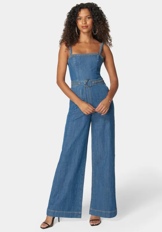 Braided Detail Ultra Wide Leg Denim Jumpsuit sold by Bebe