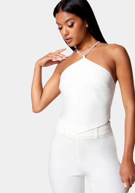 Embellished Neck Woven Top sold by Bebe