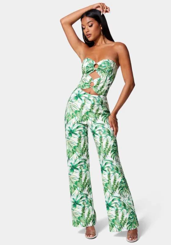 Ring Detail Wide Leg Printed Knit Crepe Jumpsuit sold by Bebe