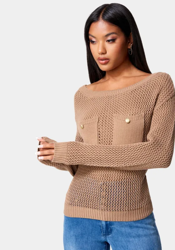 Open Knit Pocket Detail Sweater sold by Bebe
