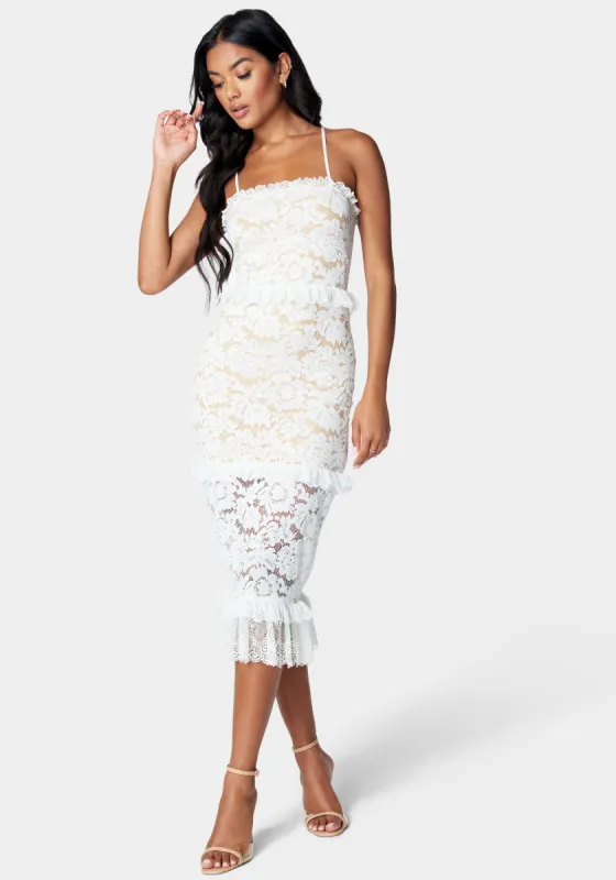 Lace Tiered Ruffle Midi Dress sold by Bebe