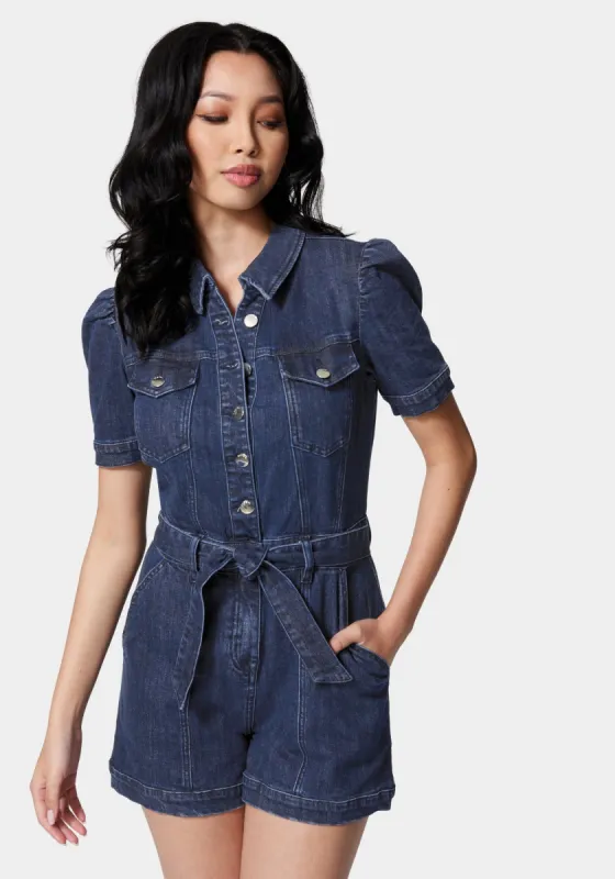 Button Front Short Sleeve Cuffed Denim Romper sold by Bebe
