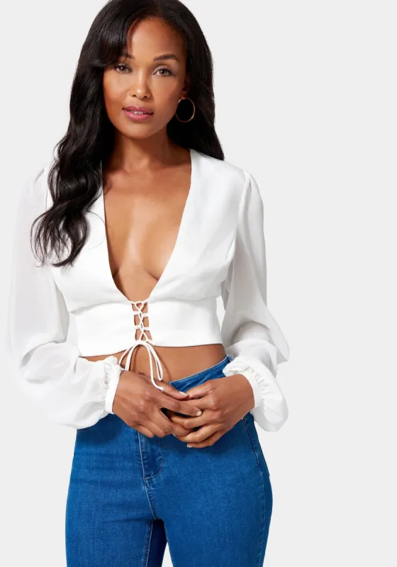 Lace Up V Neck Chiffon Top sold by Bebe