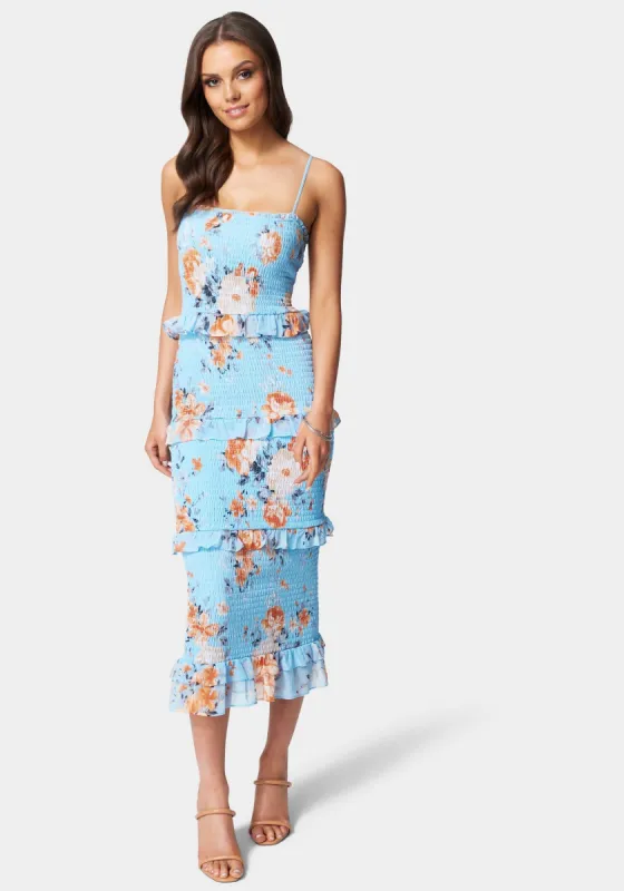 Printed Smocked Woven Dress sold by Bebe