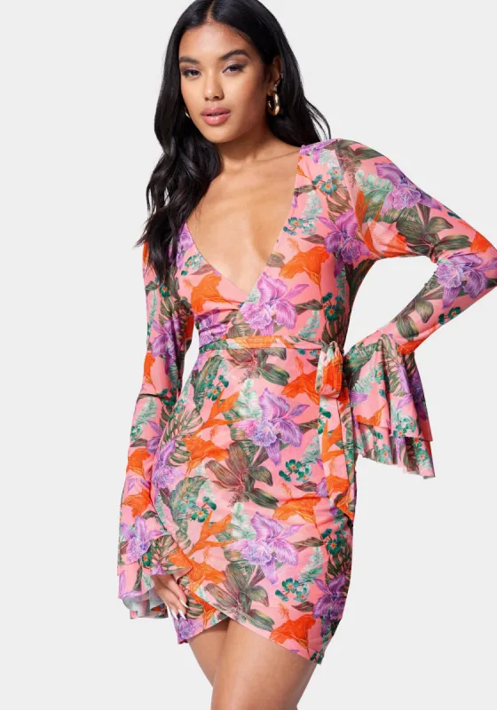 Bell Sleeve Mesh Mini Dress sold by Bebe
