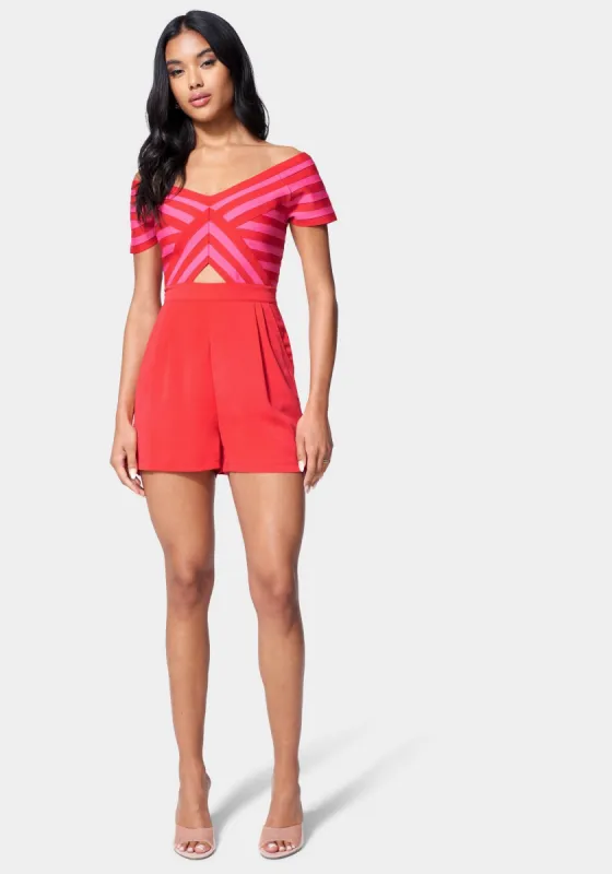 Off The Shoulder Stripe Romper sold by Bebe