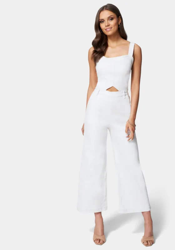Side Cut Out Wide Leg Denim Jumpsuit sold by Bebe