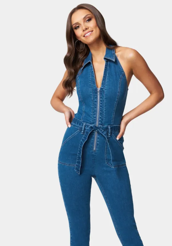Halter Neck Zip-Up Denim Jumpsuit sold by Bebe