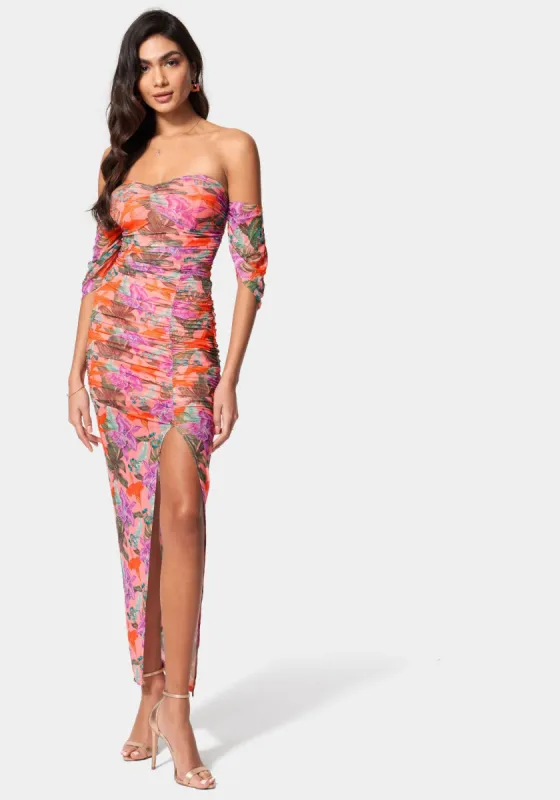 Printed Off Shoulder Mesh Gown sold by Bebe