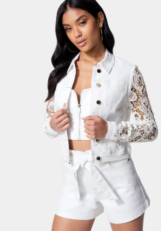 Crochet Sleeve Denim Jacket sold by Bebe
