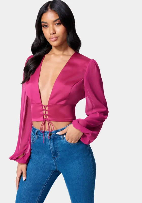 Lace Up V Neck Chiffon Top sold by Bebe
